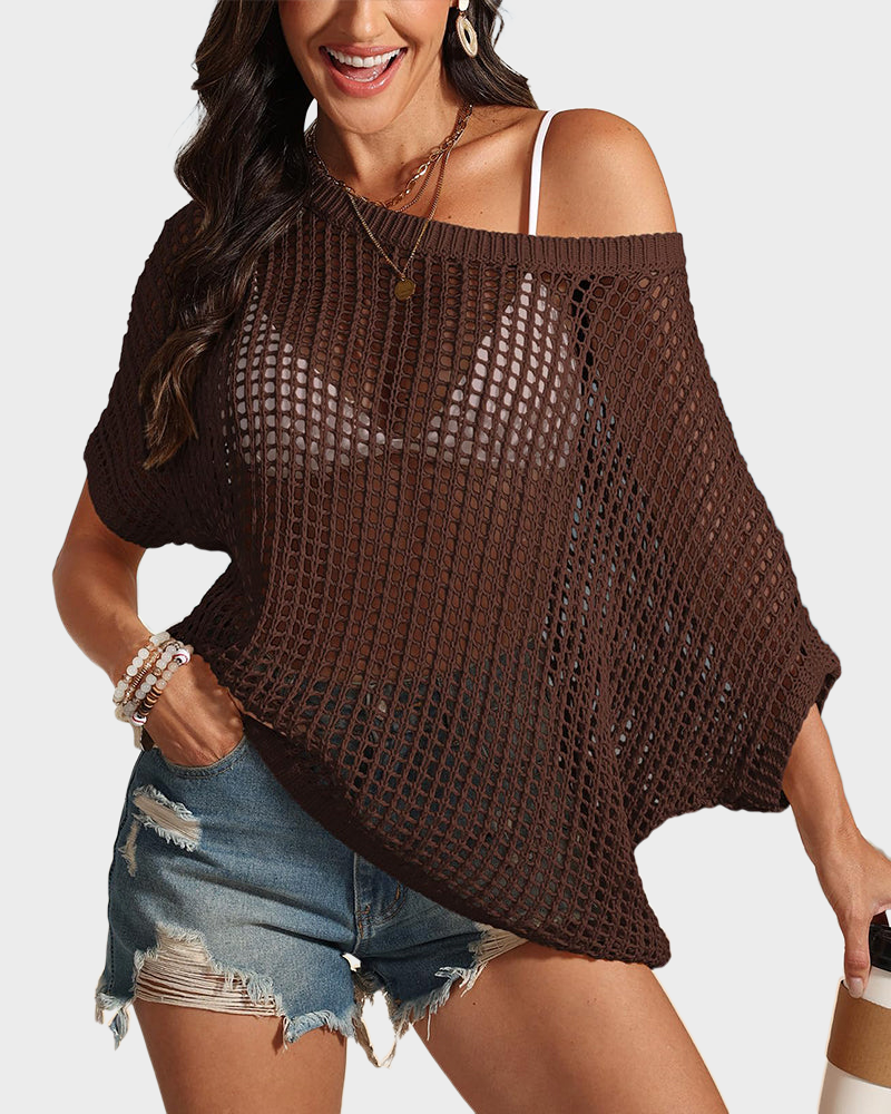 Scoop Neck Short Sleeve Crochet Hollow Out Knit Pullover Top Beach Coverup