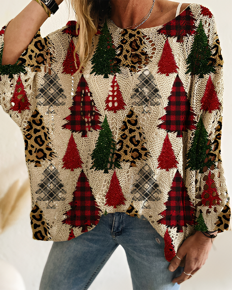 Christmas Women's Knit All Over Print Batwing Sleeves Loose Elegant Top