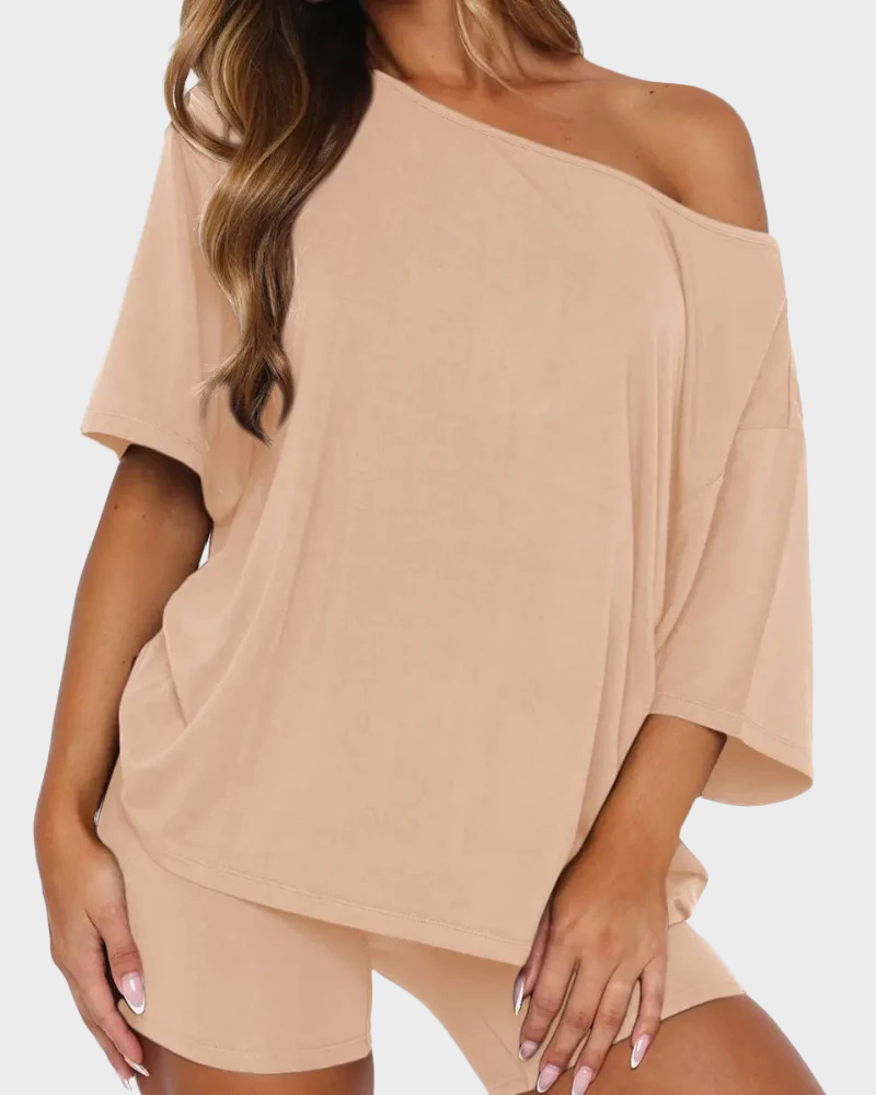 Off Shoulder Top & Fitted Shorts Two Piece Loungewear Set