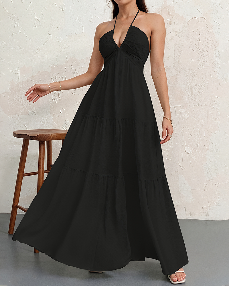 Women's Halter Deep V Neck Tie Knot Backless Maxi Dress – A-Line Flowy Ruffle