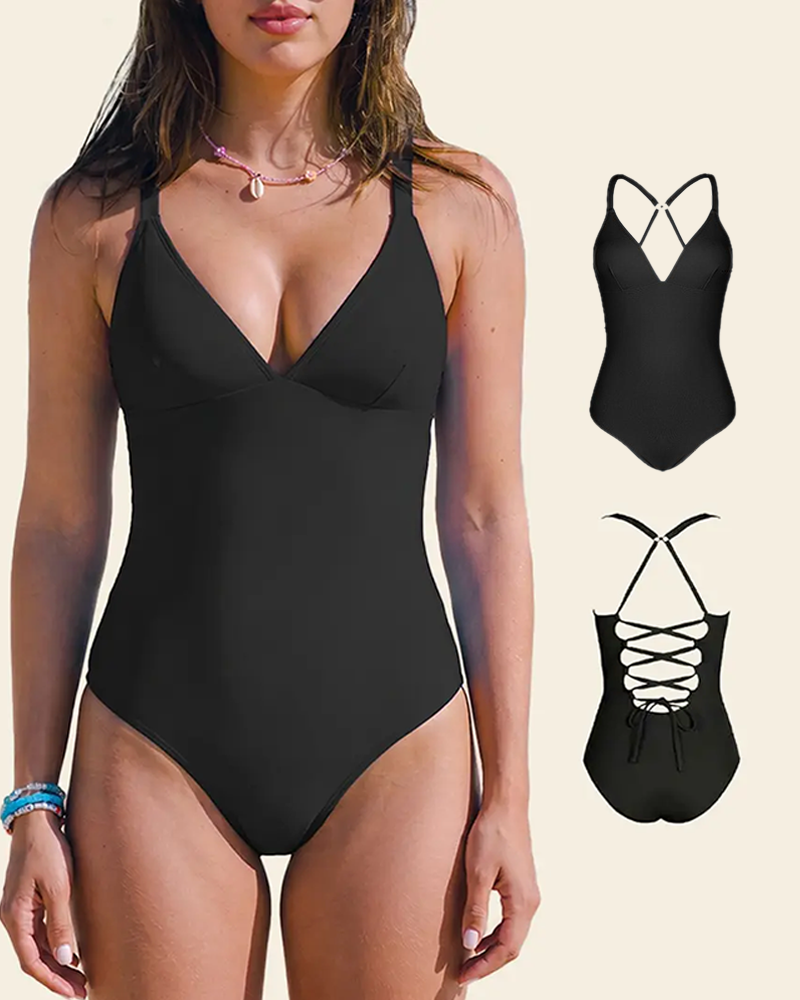 Plunging V Neck Tummy Control One Piece Swimsuit Adjustable Lace Up Back