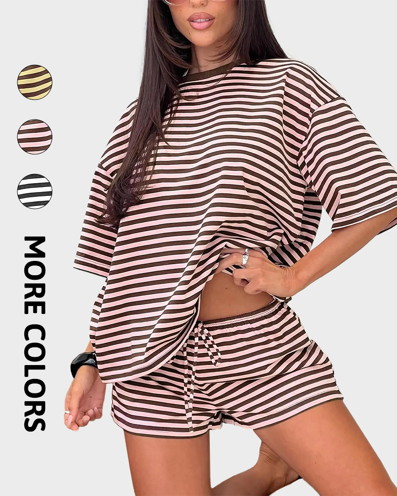 Striped Oversized T Shirt & Drawstring Shorts Soft Casual Knit Lounge 2 Piece Set