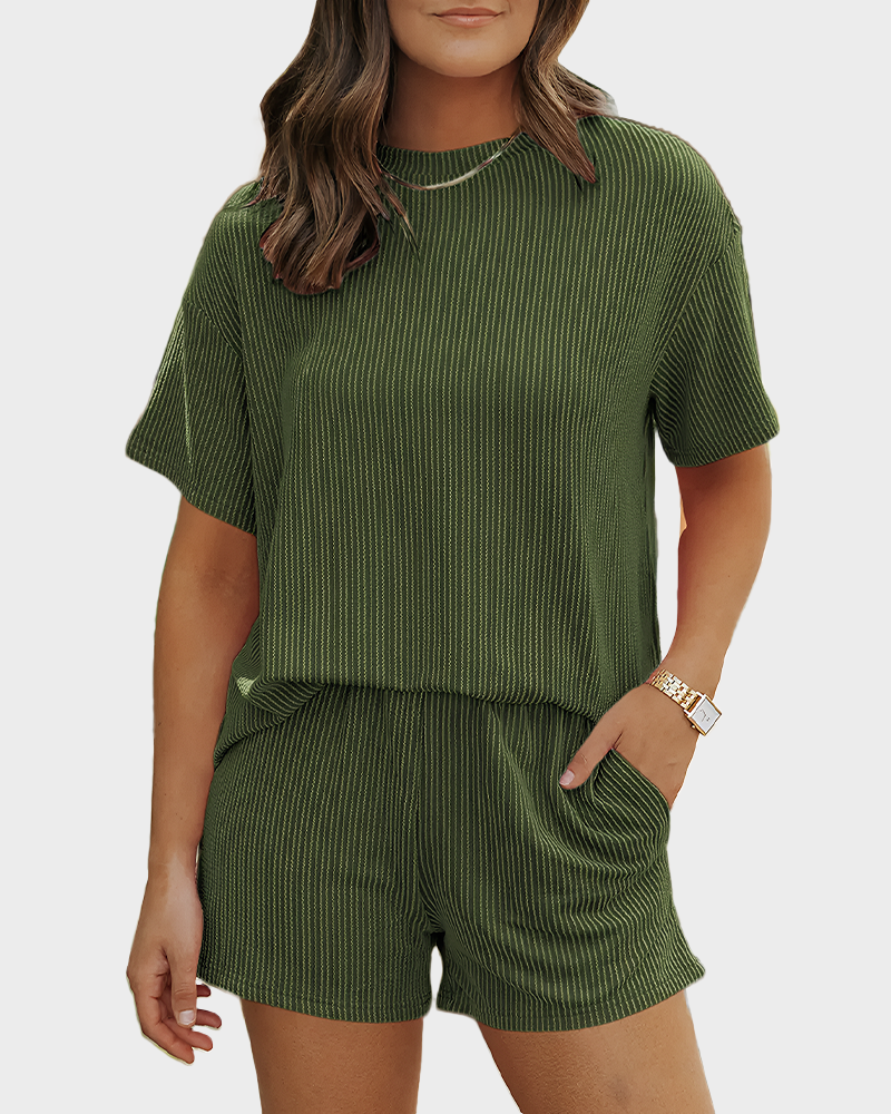 Twisted Short Sleeve Shirt & Shorts Set with Pockets Ribbed Lounge Pajama Set