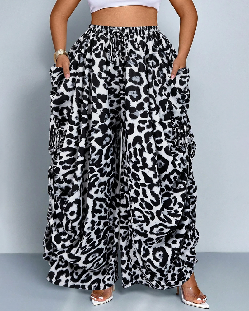 Women's Loose Fit Wide Leg Drawstring Pants Woven Plain