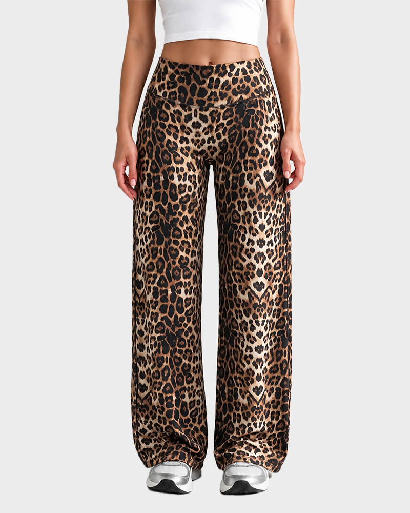 Womens Leopard Print Wide Leg Pants Elastic Waist Fluid Drape Straight Crop Casual