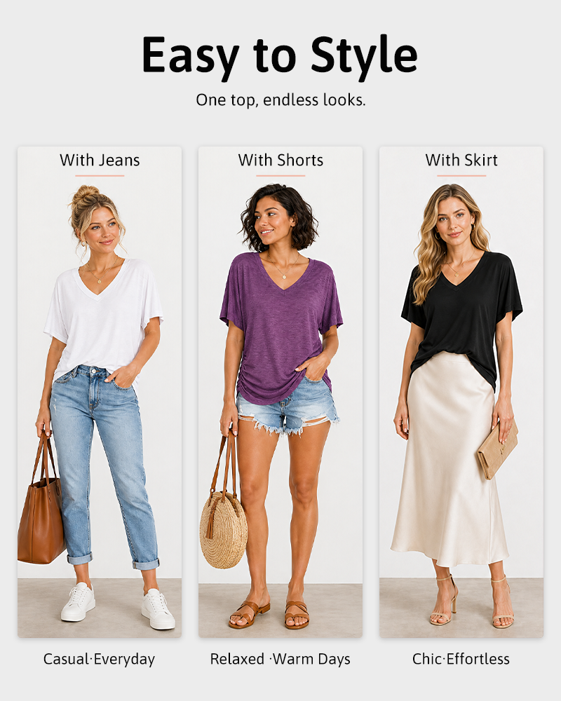 Soft V-Neck Dolman Loose Fit T-Shirt with Side Ruching