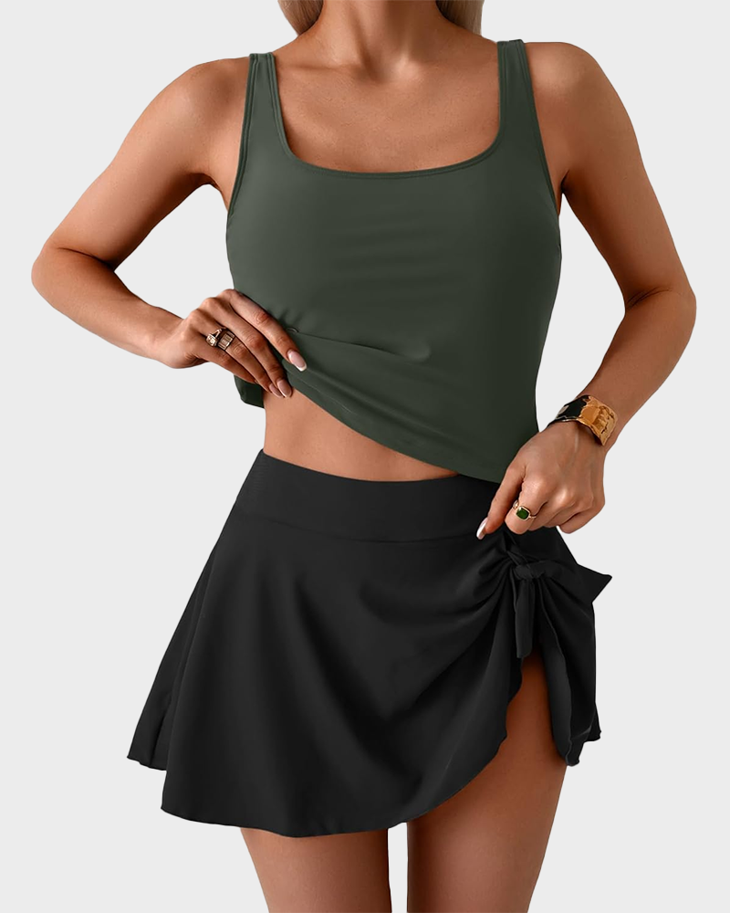 Women Tummy Control Two Piece Bathing Suit High Waisted Tank Top with Swim Skirt
