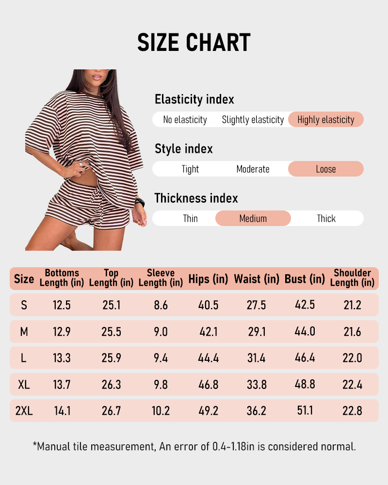 Striped Oversized T Shirt & Drawstring Shorts Soft Casual Knit Lounge 2 Piece Set