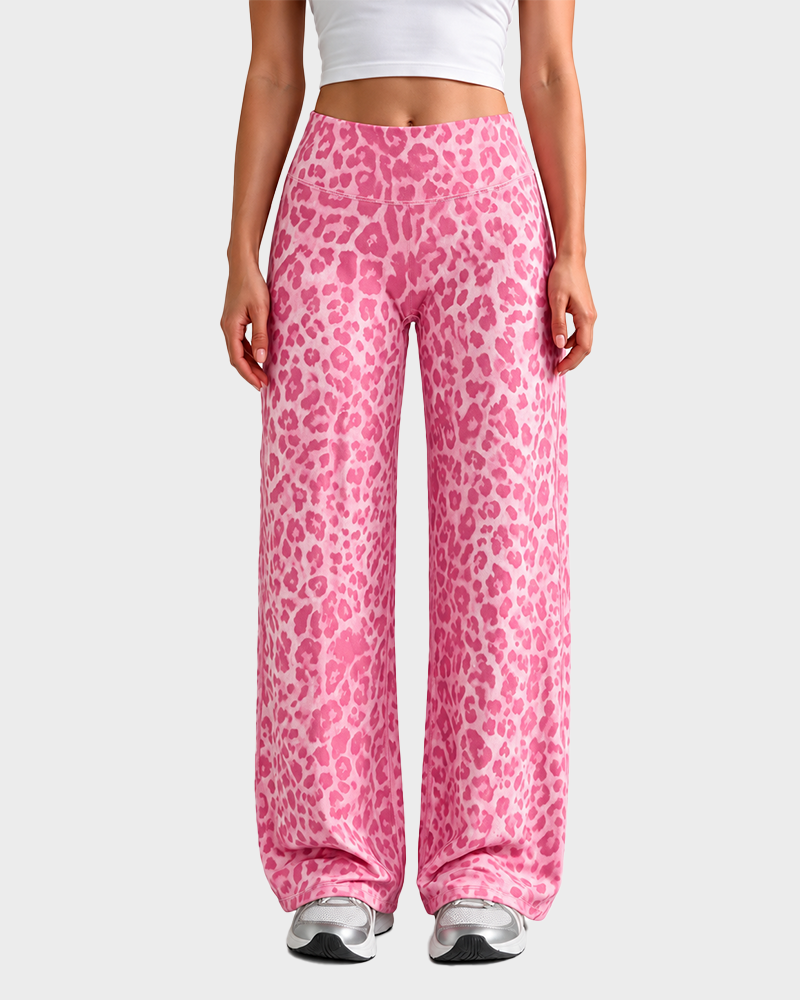 Womens Leopard Print Wide Leg Pants Elastic Waist Fluid Drape Straight Crop Casual