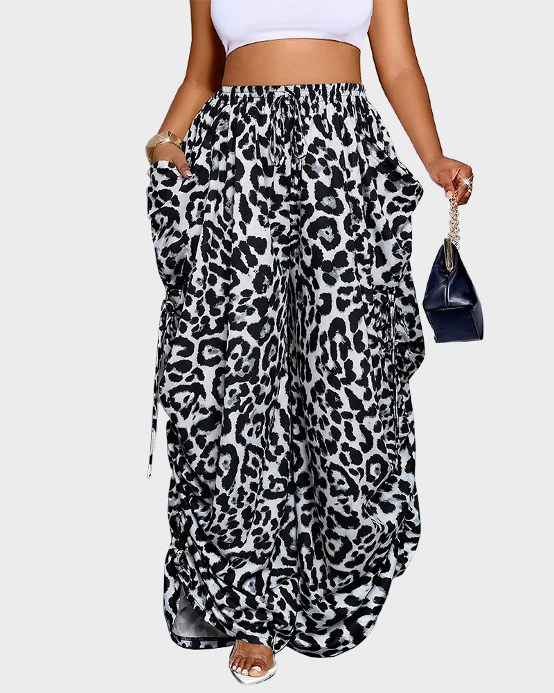 Women's Loose Fit Wide Leg Drawstring Pants Woven Plain