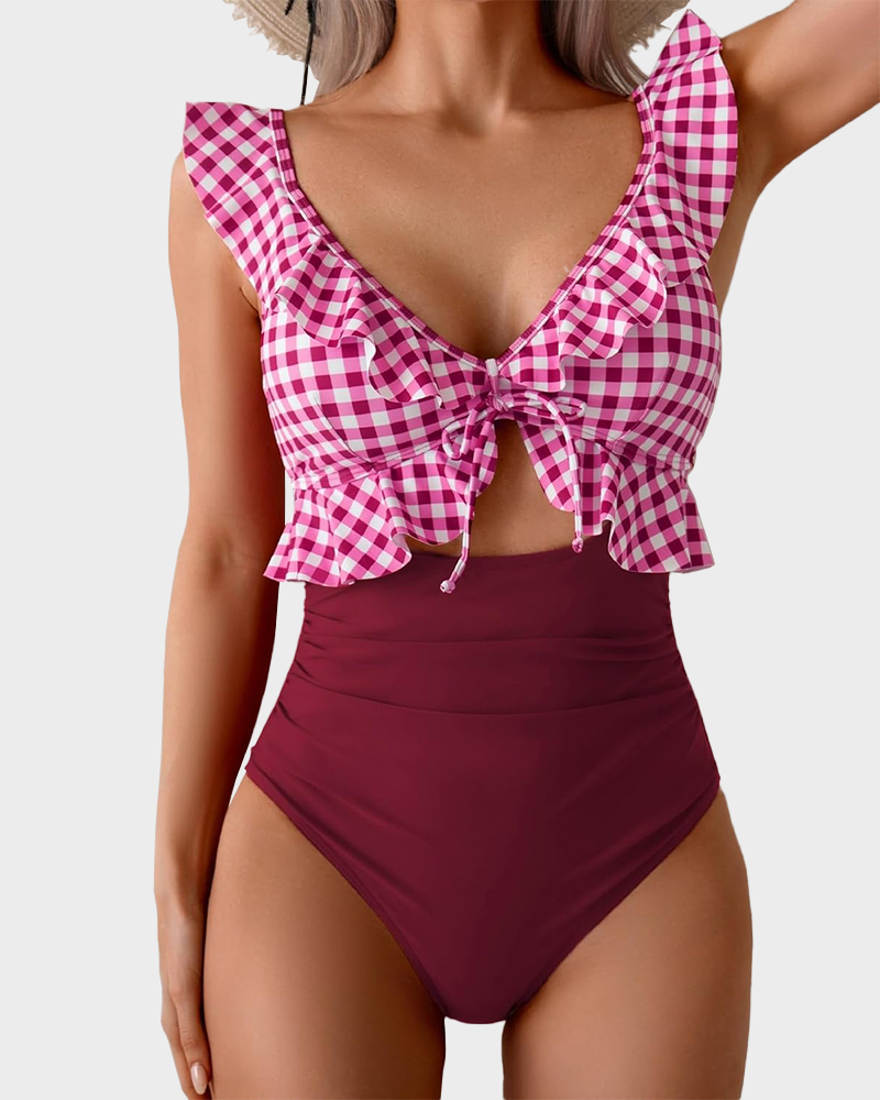 Women’s Tummy Control One Piece – Ruffle V Neck Ruched Slimming Swimsuit