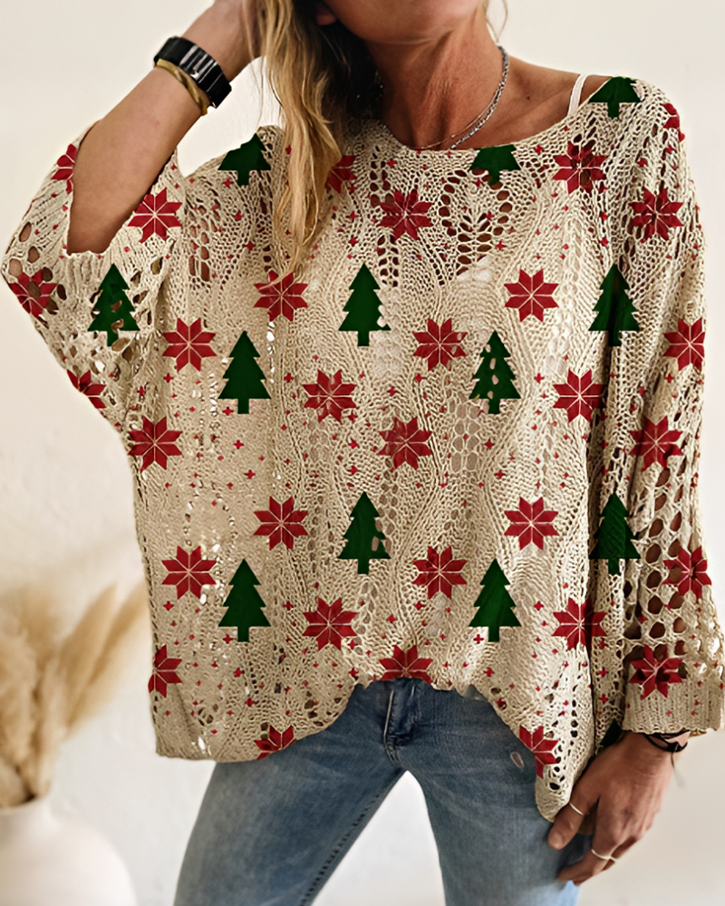 Christmas Women's Knit All Over Print Batwing Sleeves Loose Elegant Top