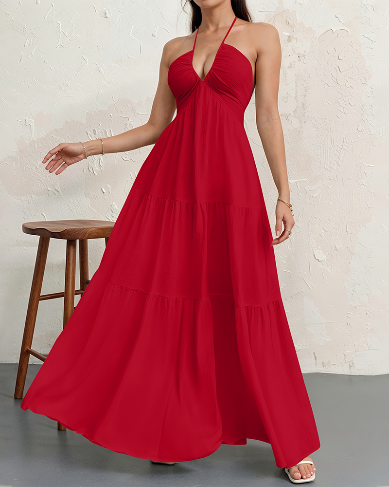 Women's Halter Deep V Neck Tie Knot Backless Maxi Dress – A-Line Flowy Ruffle