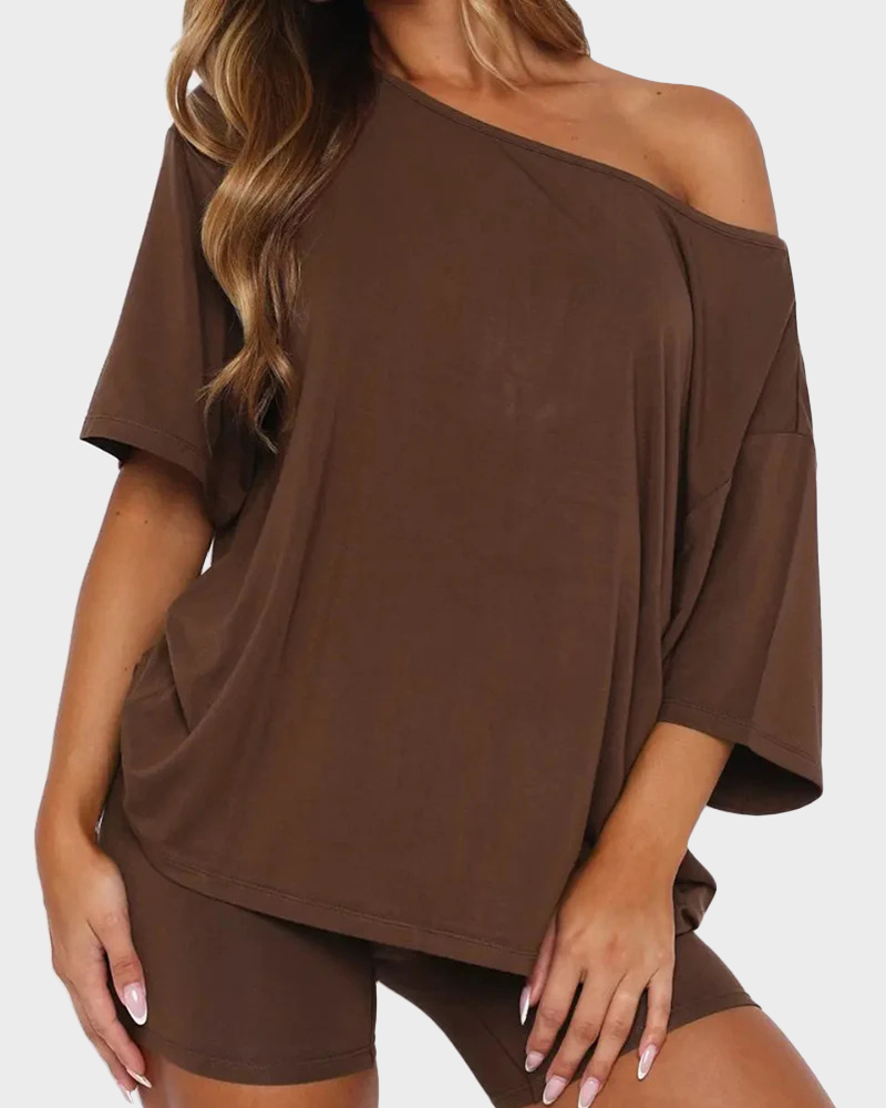 Off Shoulder Top & Fitted Shorts Two Piece Loungewear Set