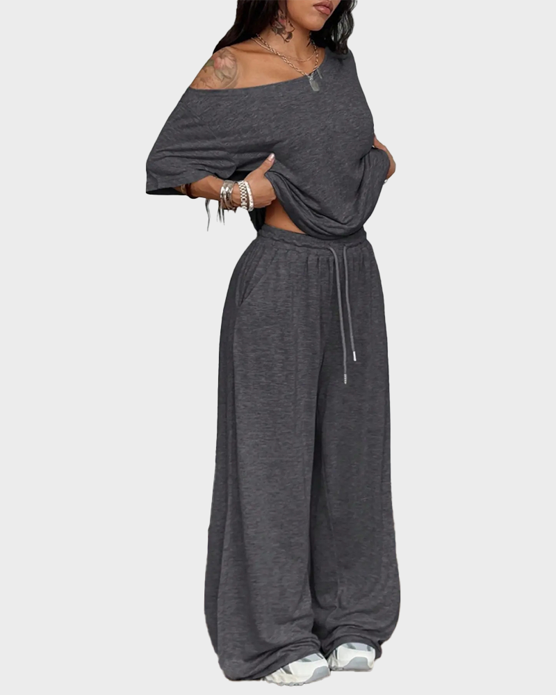 Casual Sporty Off Shoulder Top & Wide Leg Pants Daily Wear 2 Piece Set