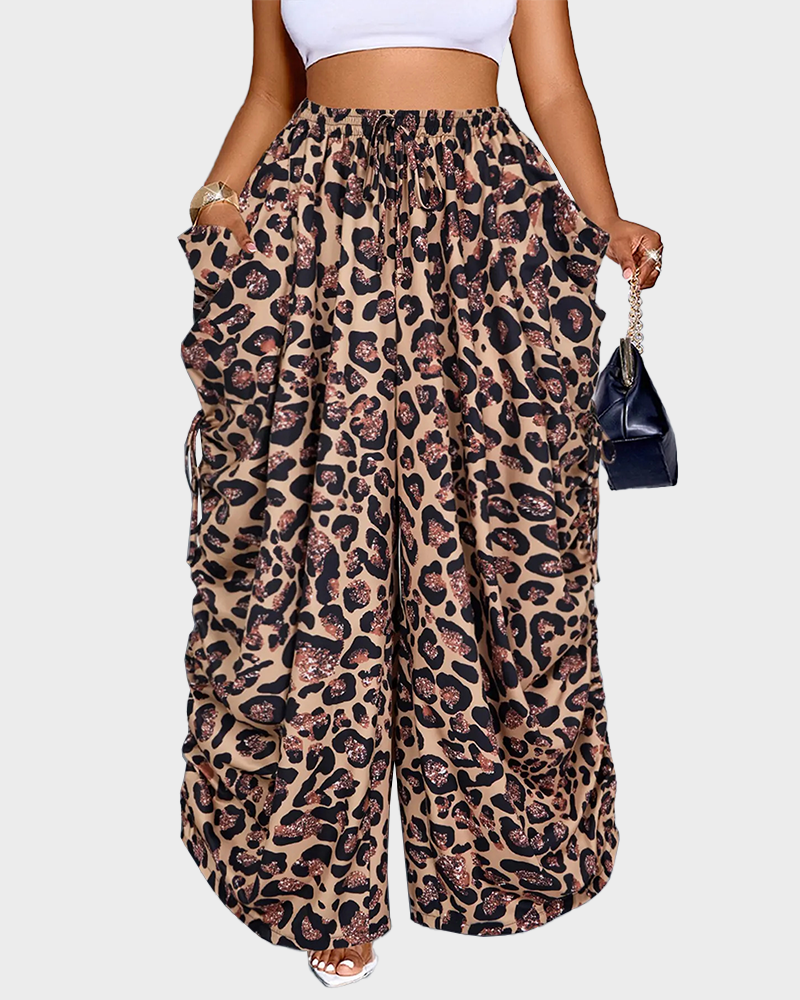 Women's Loose Fit Wide Leg Drawstring Pants Woven Plain