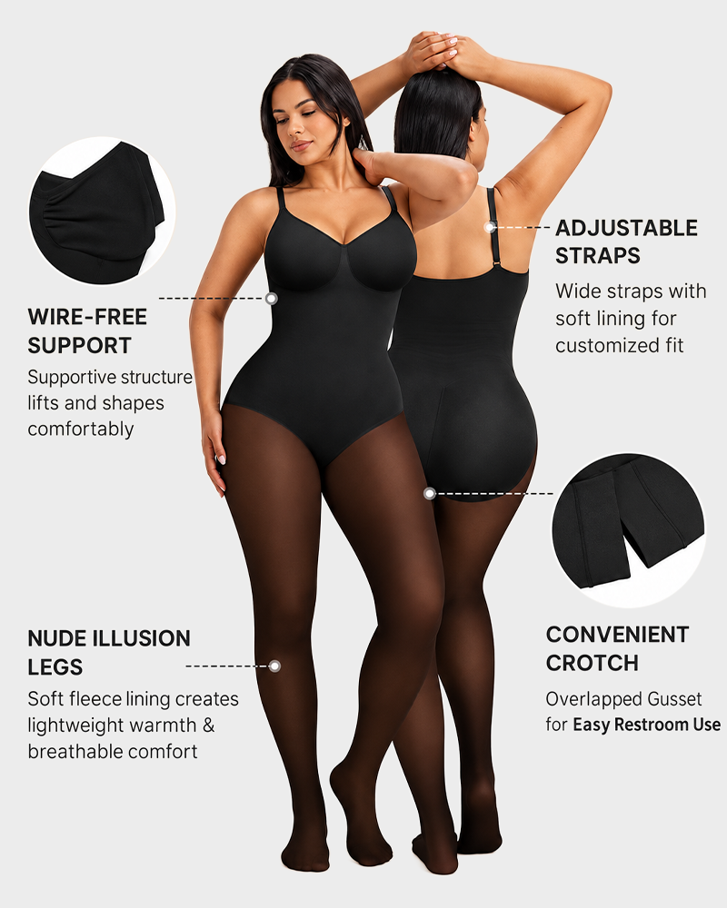Sheer Panel Fleece Lined Tights Warm Tummy Control Bodysuit