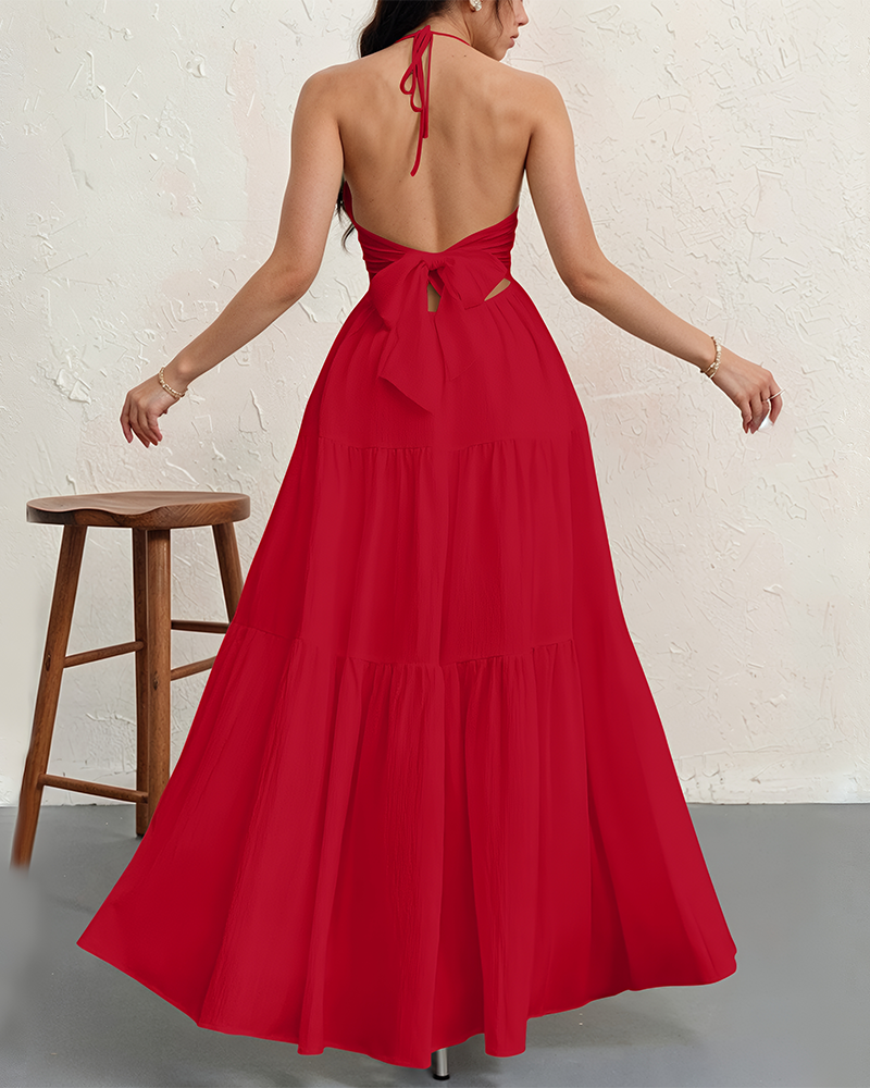 Women's Halter Deep V Neck Tie Knot Backless Maxi Dress – A-Line Flowy Ruffle