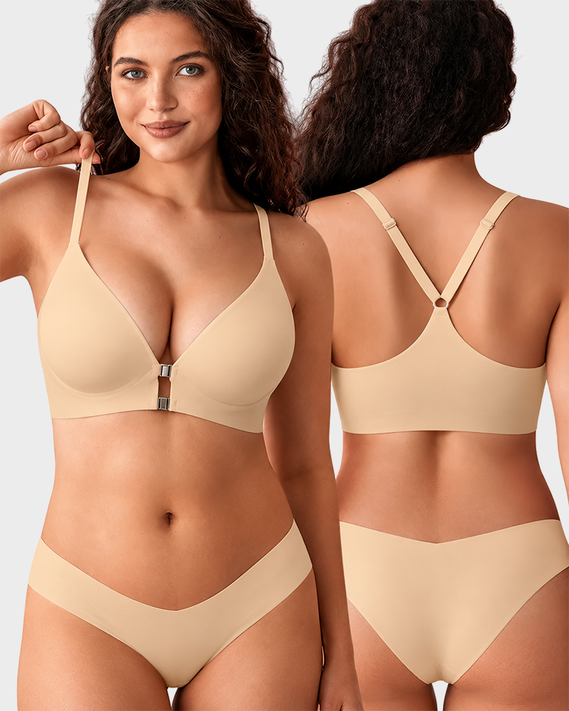Womens Front Closure Elastic Bralette Easy On Off Light Support Deep V Bra