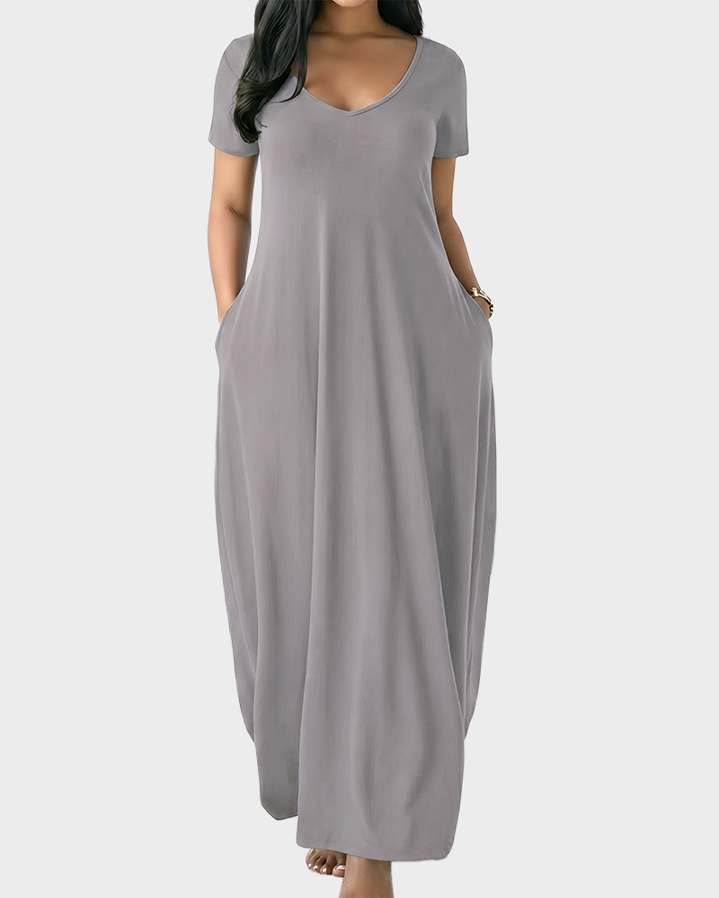 Fitted Short Sleeve Pocket Soft Loungewear Sleepwear Dress