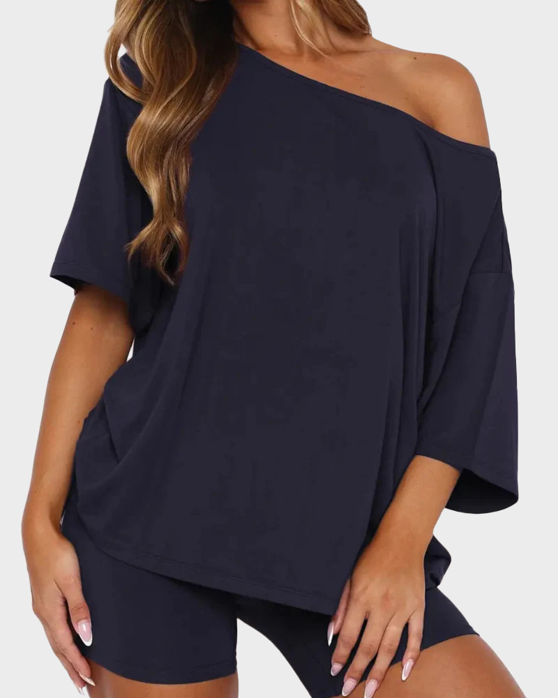 Off Shoulder Top & Fitted Shorts Two Piece Loungewear Set
