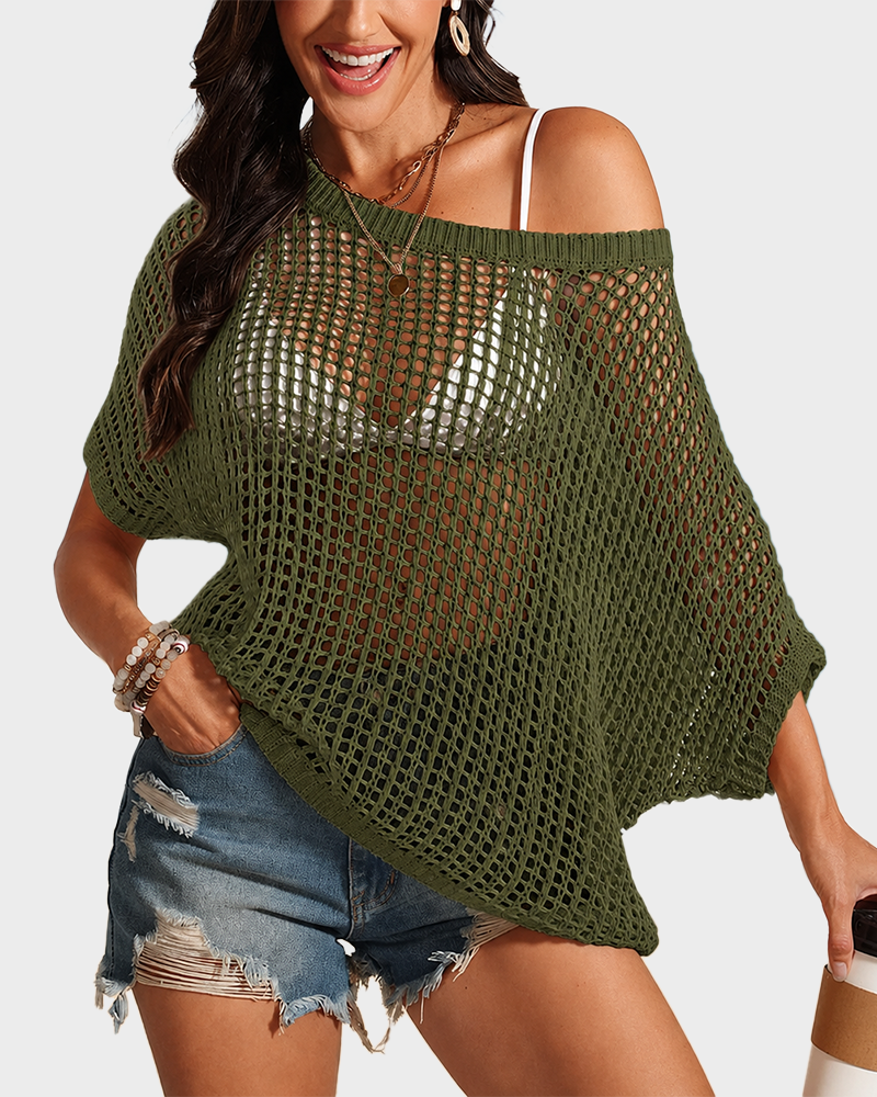 Scoop Neck Short Sleeve Crochet Hollow Out Knit Pullover Top Beach Coverup