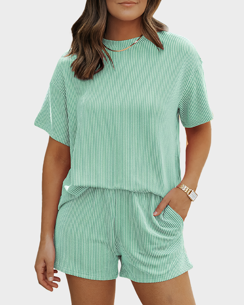Twisted Short Sleeve Shirt & Shorts Set with Pockets Ribbed Lounge Pajama Set