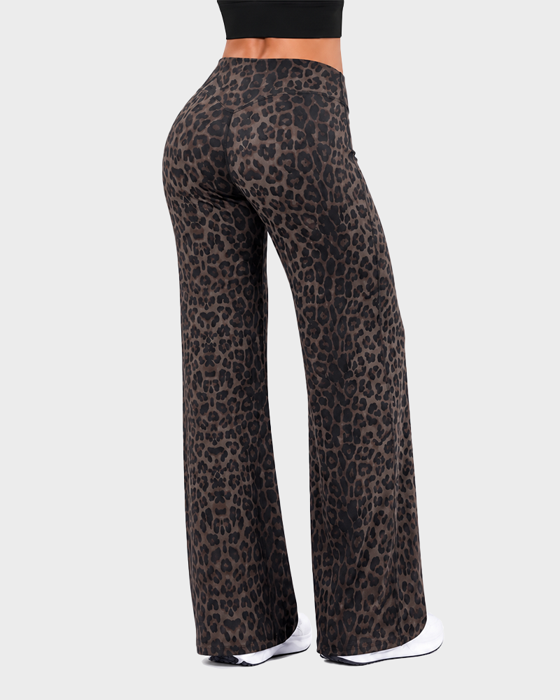 Womens Leopard Print Wide Leg Pants Elastic Waist Fluid Drape Straight Crop Casual