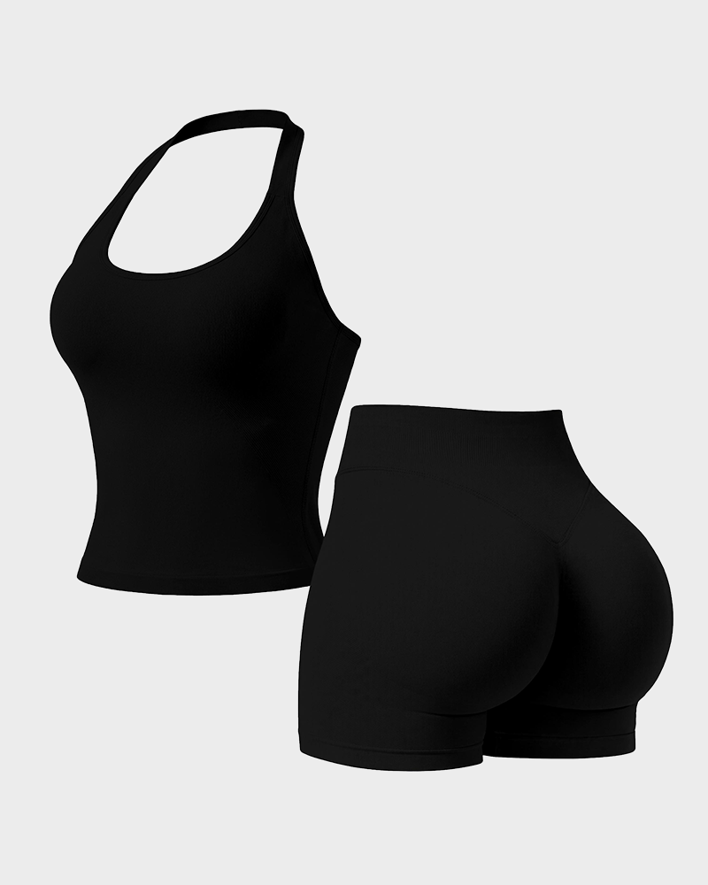 Women's Halter Top & Sports Shorts 2 Piece Yoga Gym Set