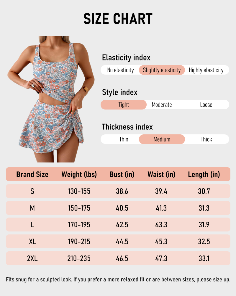 Women Tummy Control Two Piece Bathing Suit High Waisted Tank Top with Swim Skirt