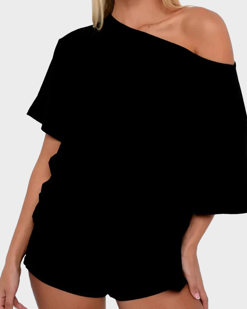 Off Shoulder Top & Fitted Shorts Two Piece Loungewear Set