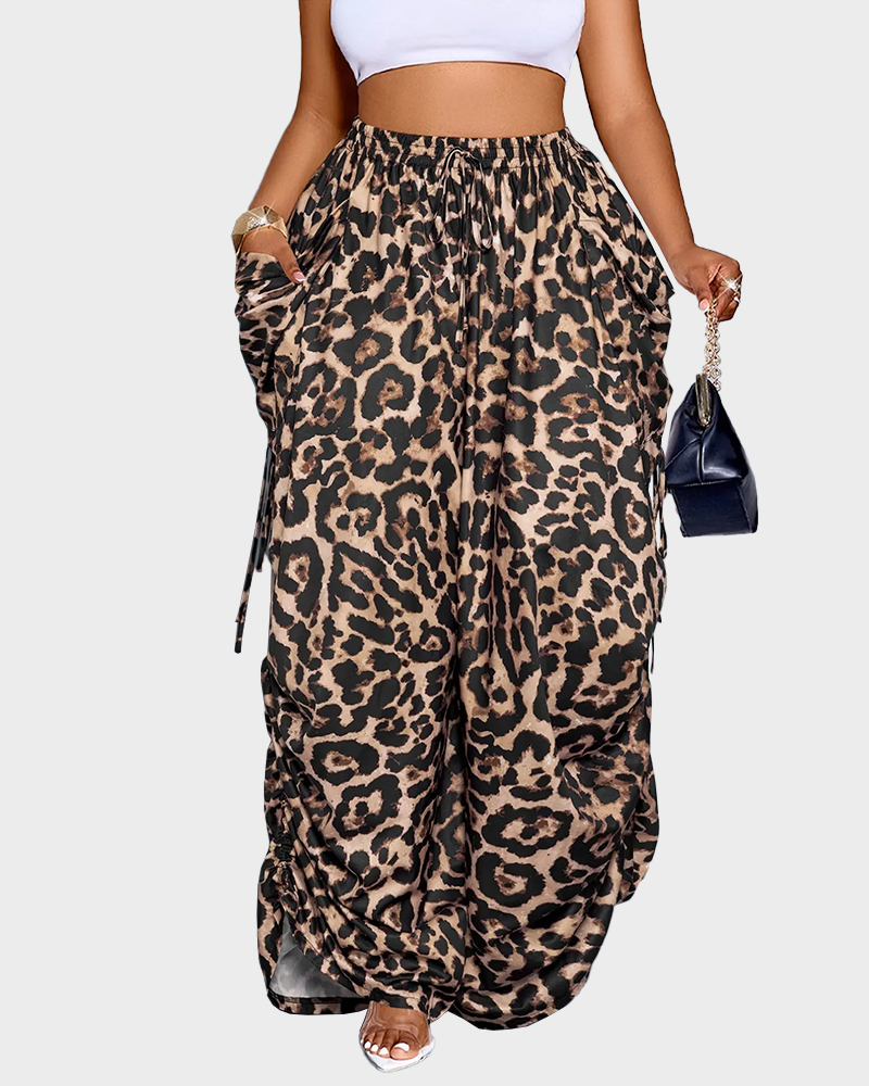 Women's Loose Fit Wide Leg Drawstring Pants Woven Plain