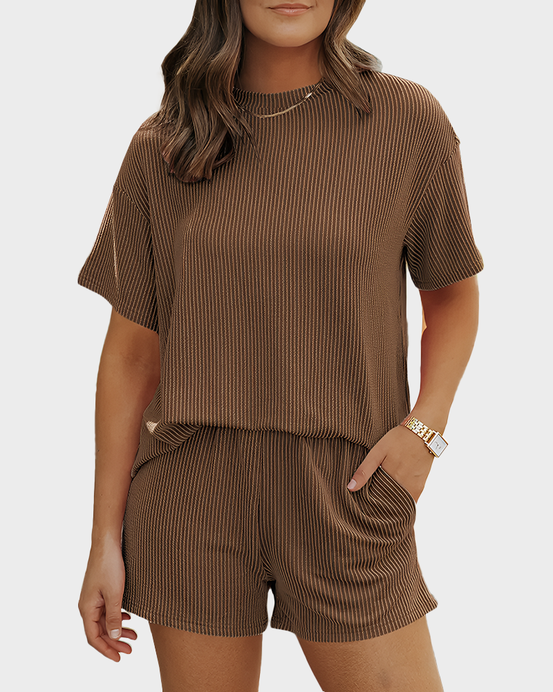 Twisted Short Sleeve Shirt & Shorts Set with Pockets Ribbed Lounge Pajama Set