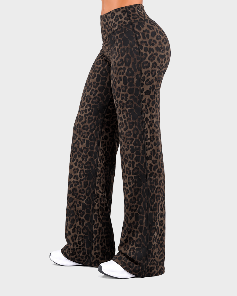 Womens Leopard Print Wide Leg Pants Elastic Waist Fluid Drape Straight Crop Casual