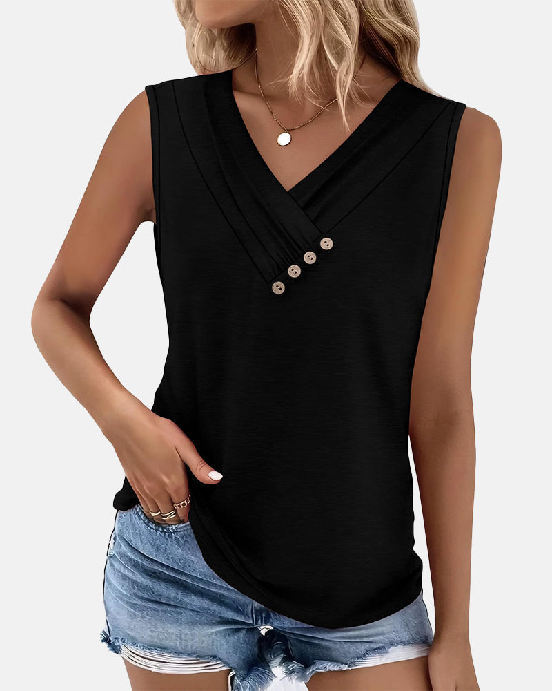 Summer Button Down V Neck Sleeveless Loose Fit Fashion Top