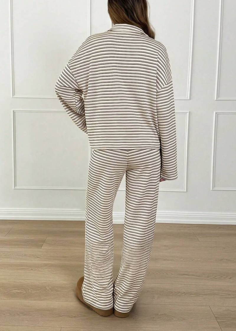 Striped Casual Pajama Set V Neck Drop Shoulder Tee & Elastic Pants Lounge Set
