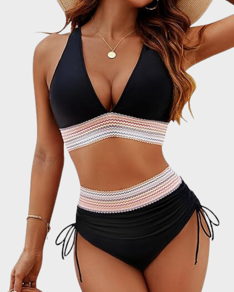 High Waisted Tummy Control Color Block Bikini Sets