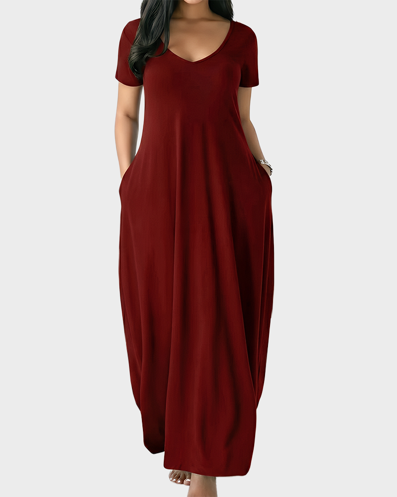 Fitted Short Sleeve Pocket Soft Loungewear Sleepwear Dress