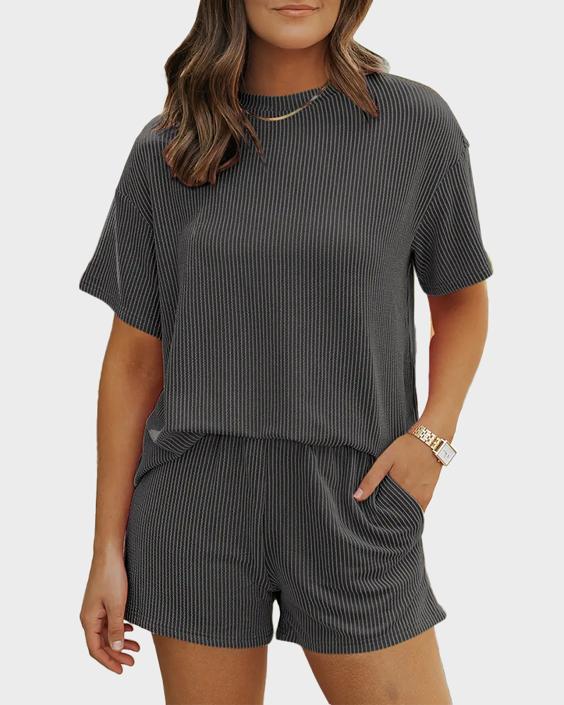 Twisted Short Sleeve Shirt & Shorts Set with Pockets Ribbed Lounge Pajama Set