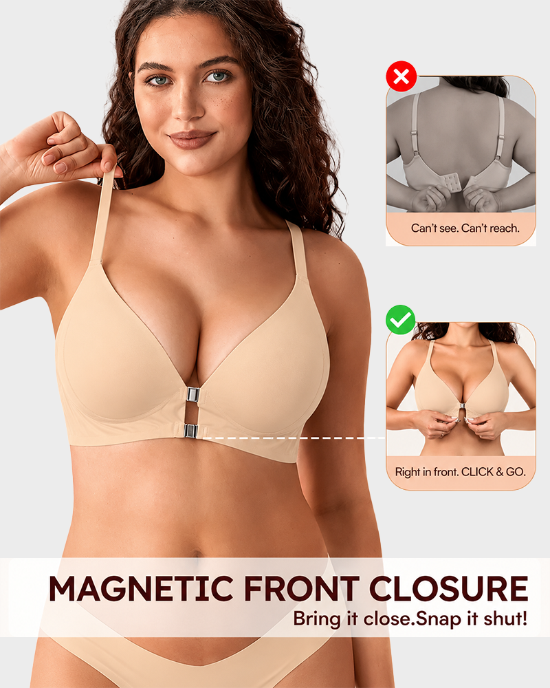 Womens Front Closure Elastic Bralette Easy On Off Light Support Deep V Bra