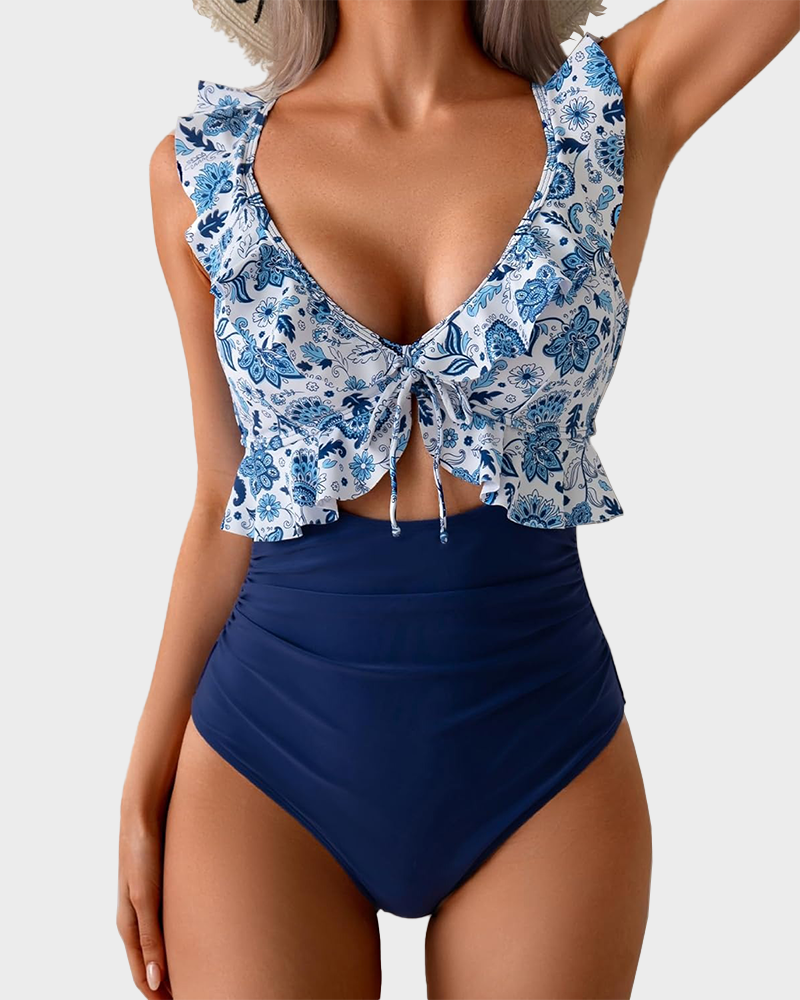 Women’s Tummy Control One Piece – Ruffle V Neck Ruched Slimming Swimsuit