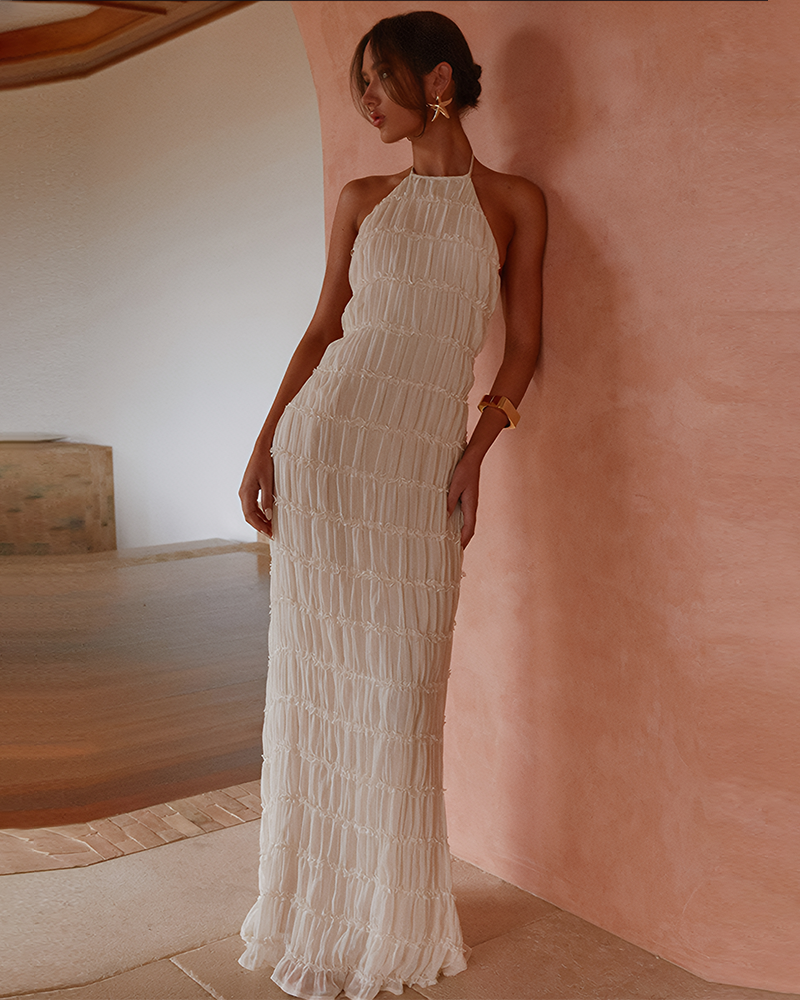 Women's Solid Ruched Bodycon Sleeveless Backless Long Dress