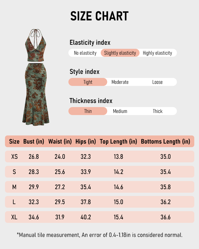 Floral Crop Top & Fishtail Skirt Set Deep V Neck All Over Print Sexy Two Piece Dress