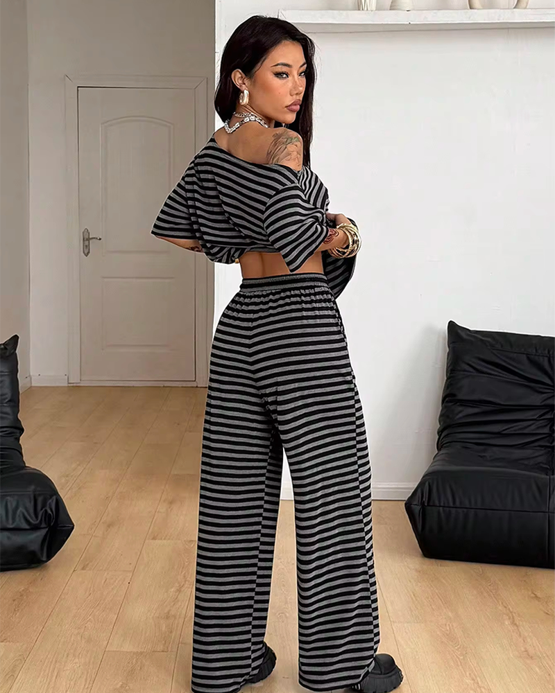 Casual Sporty Off Shoulder Top & Wide Leg Pants Daily Wear 2 Piece Set