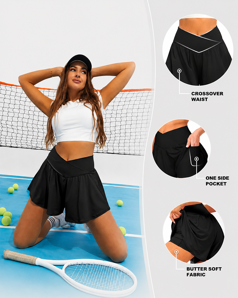 Women's 2 in 1 Crossover Flowy Running Shorts with Pockets Tennis Workout Skort
