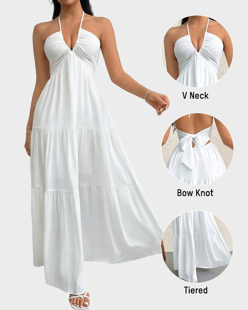 Women's Halter Deep V Neck Tie Knot Backless Maxi Dress – A-Line Flowy Ruffle