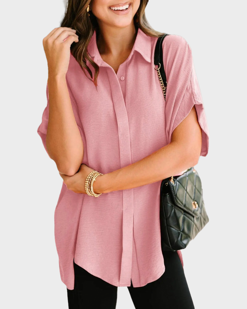 V Neck Batwing Short Sleeve Button Down Oversized Minimalist Blouse