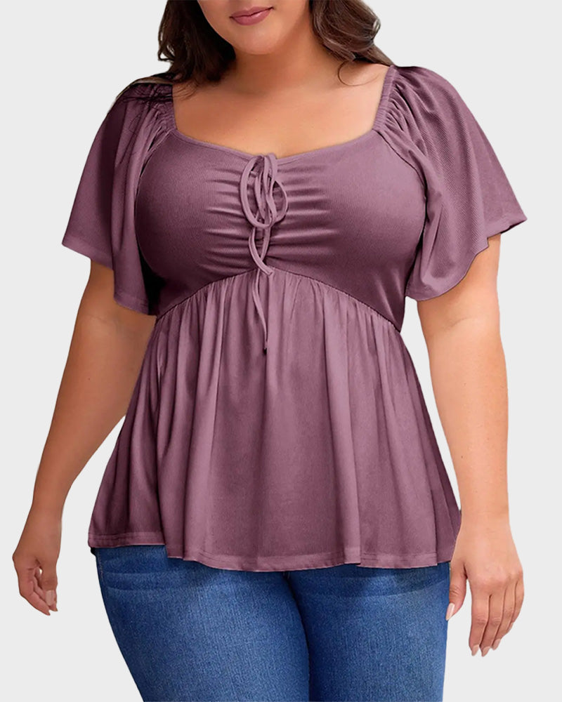 Plus Size Short Sleeve Sweetheart Neck Shirred Peplum Top Blouse
