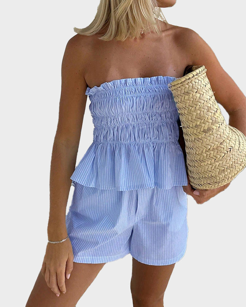Striped Tube Top & Shorts Set Casual Strapless Two Piece for Women