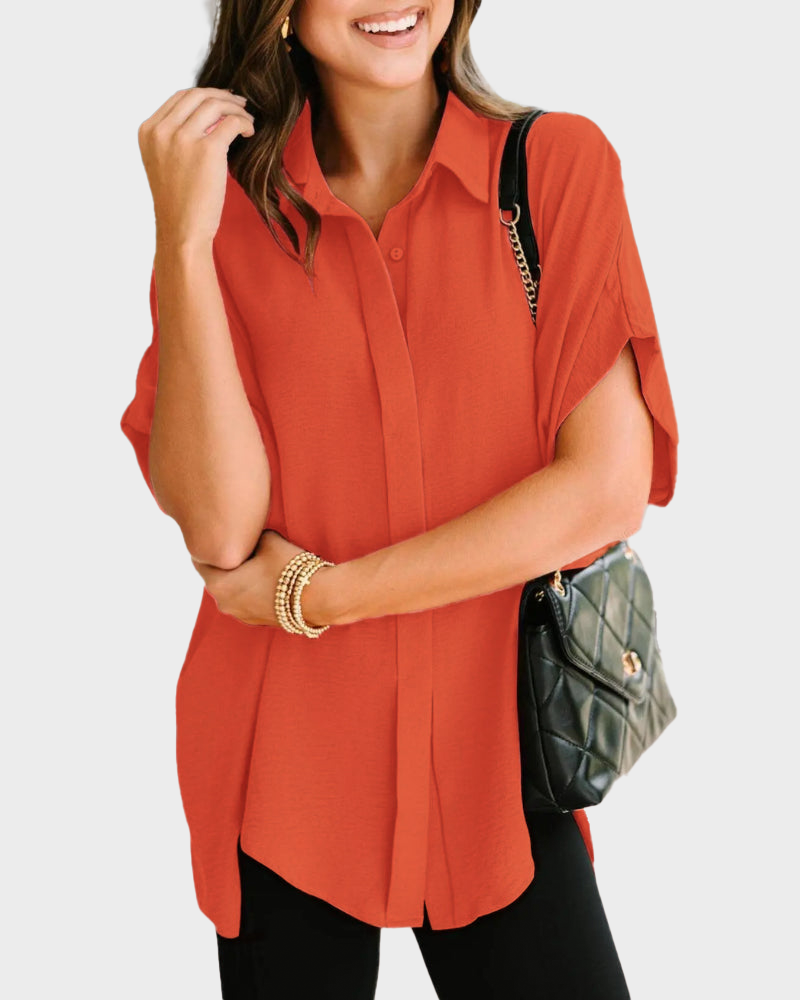V Neck Batwing Short Sleeve Button Down Oversized Minimalist Blouse